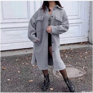 H&M teddy Shearling Shacket Long Coat- grey/light blue